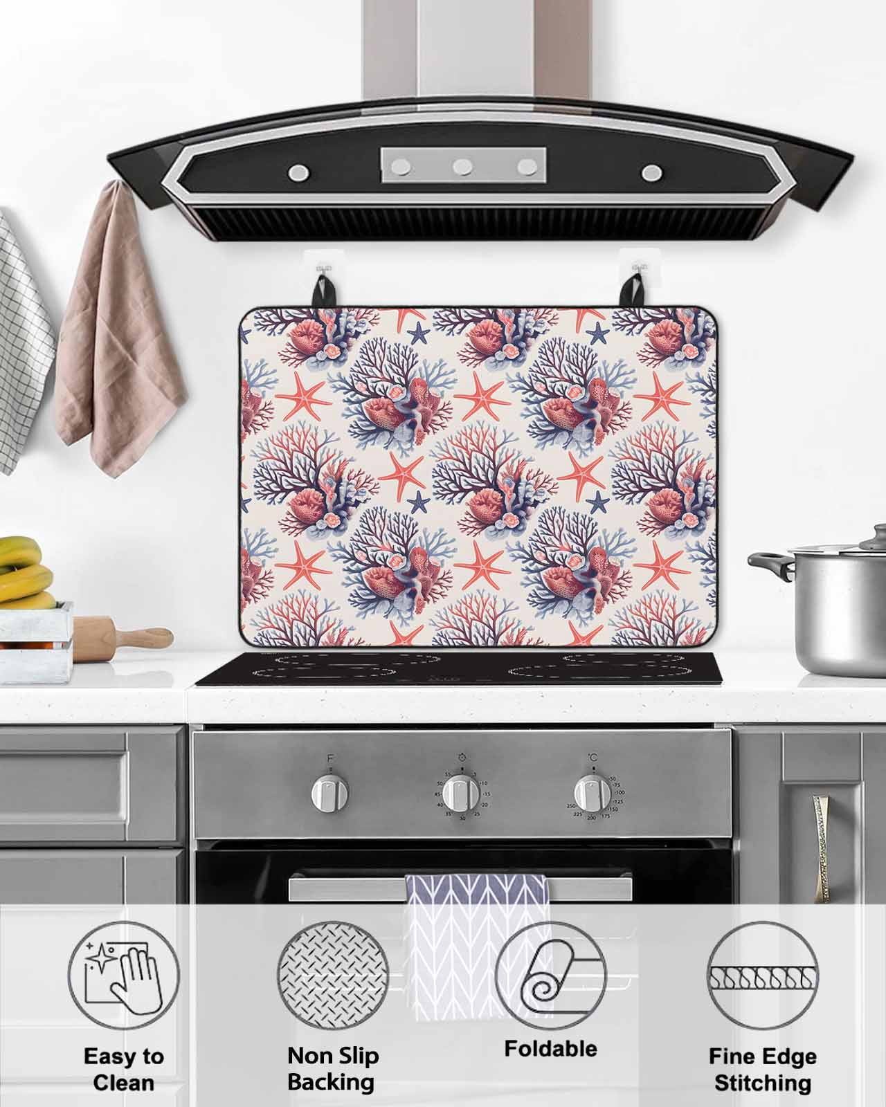 nqOlkjepod Large Induction Cooktop Protector Mat 24"x21", Coastal Coral Stove Top Covers for Electric Stove, Red Starfish Ocean Retro Decorative Stove Burner Cover Mats, Glass Top Stove Cover