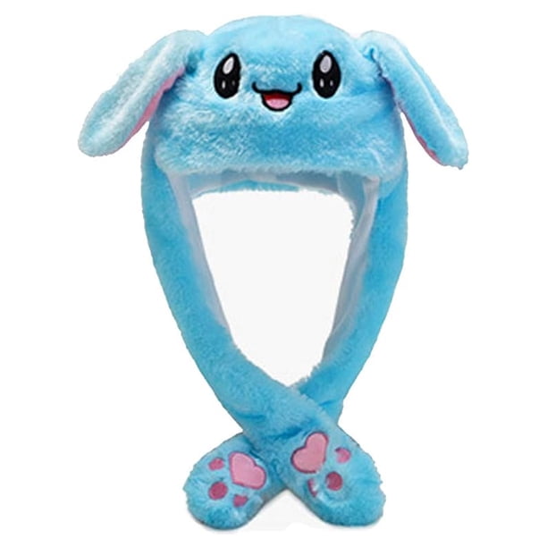 Gorro de conejo azul con orejas móviles y divertido gorro de peluche de conejo