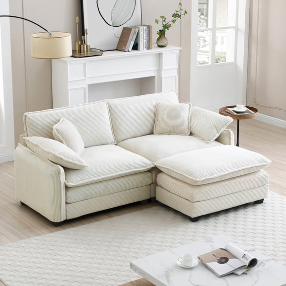 2-seater Sofa with One Footrest, L-Shaped Sofa with Ottoman for Small Living Spaces (Beige)