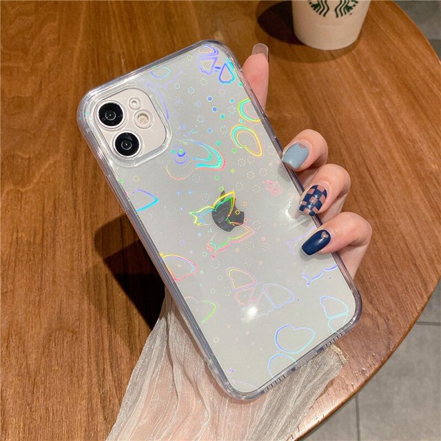 Funda suave transparente de lujo para iPhone, carcasa transparente con gradiente de corazón de amor láser para iPhone 14, 13, 12, 11 Pro Max, MiNi X, XR, XS, 7, 8 Plus, SE, 2020 Fivean unisex