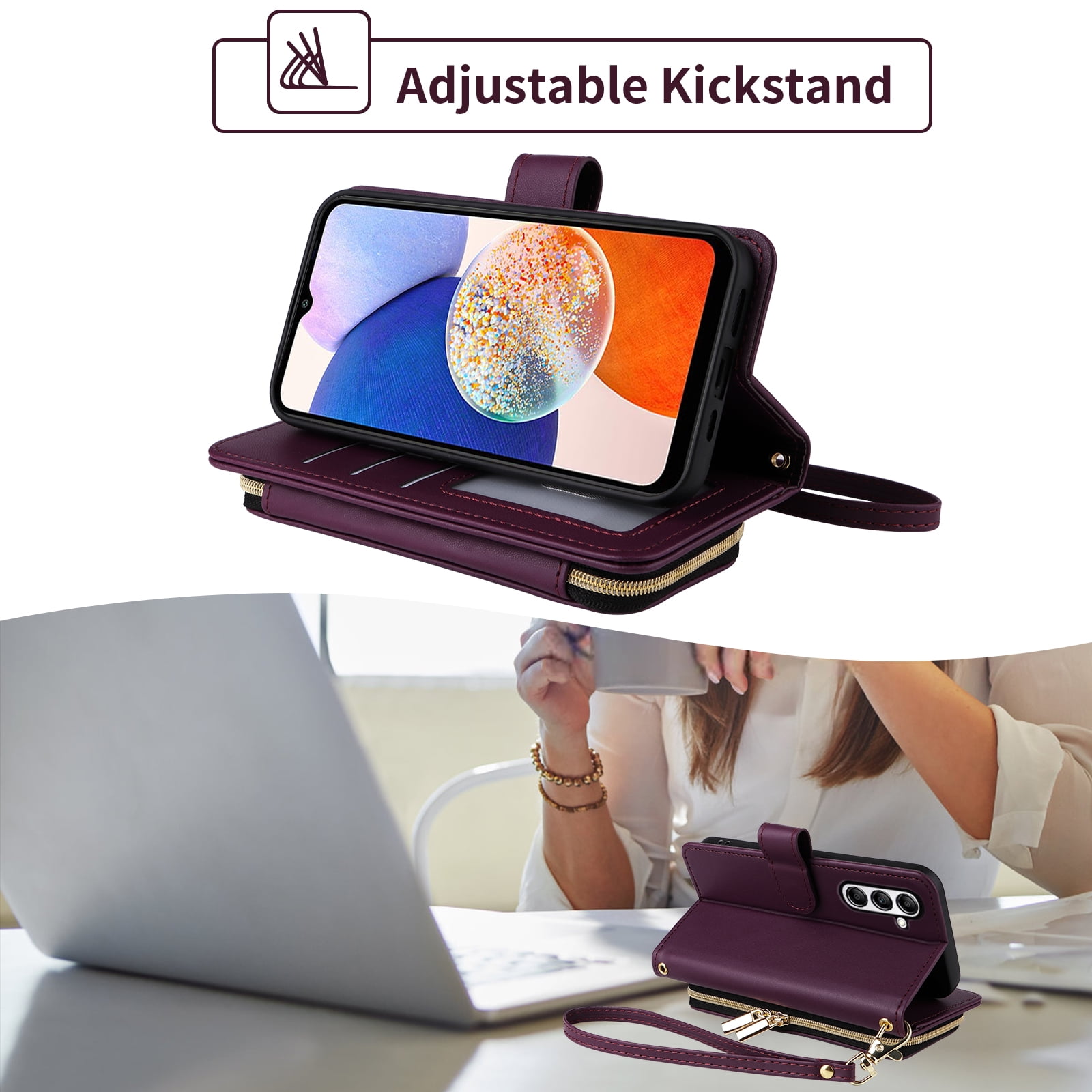 Furiet Argyle Wallet Case for Samsung Galaxy A55 5G with Wrist Strap Shoulder Strap, Card Slots Zipper Purse Luxury PU Leather Stand Checkered Phone Cover for A 55 55A A555G Women Girls Deep Purple