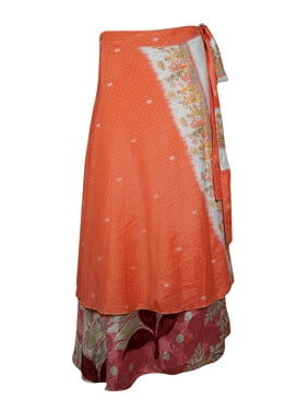 Mogul Women Orange,Pink Vintage Silk Sari Magic Wrap Skirt Reversible Printed 2 Layer Sarong Beach Wear Cover Up Long Skirts One Size