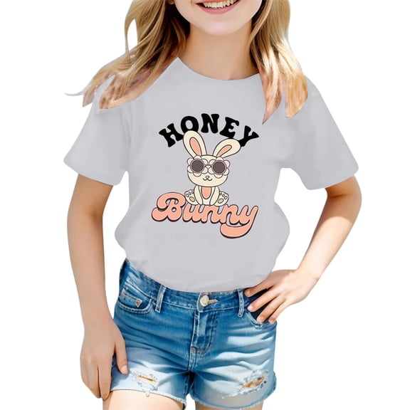 HNMKIU Girls Fashion Casual Print Short Sleeve Tee Round Neck Children's Top Comfortable Daily Wear White,8-9 Years
