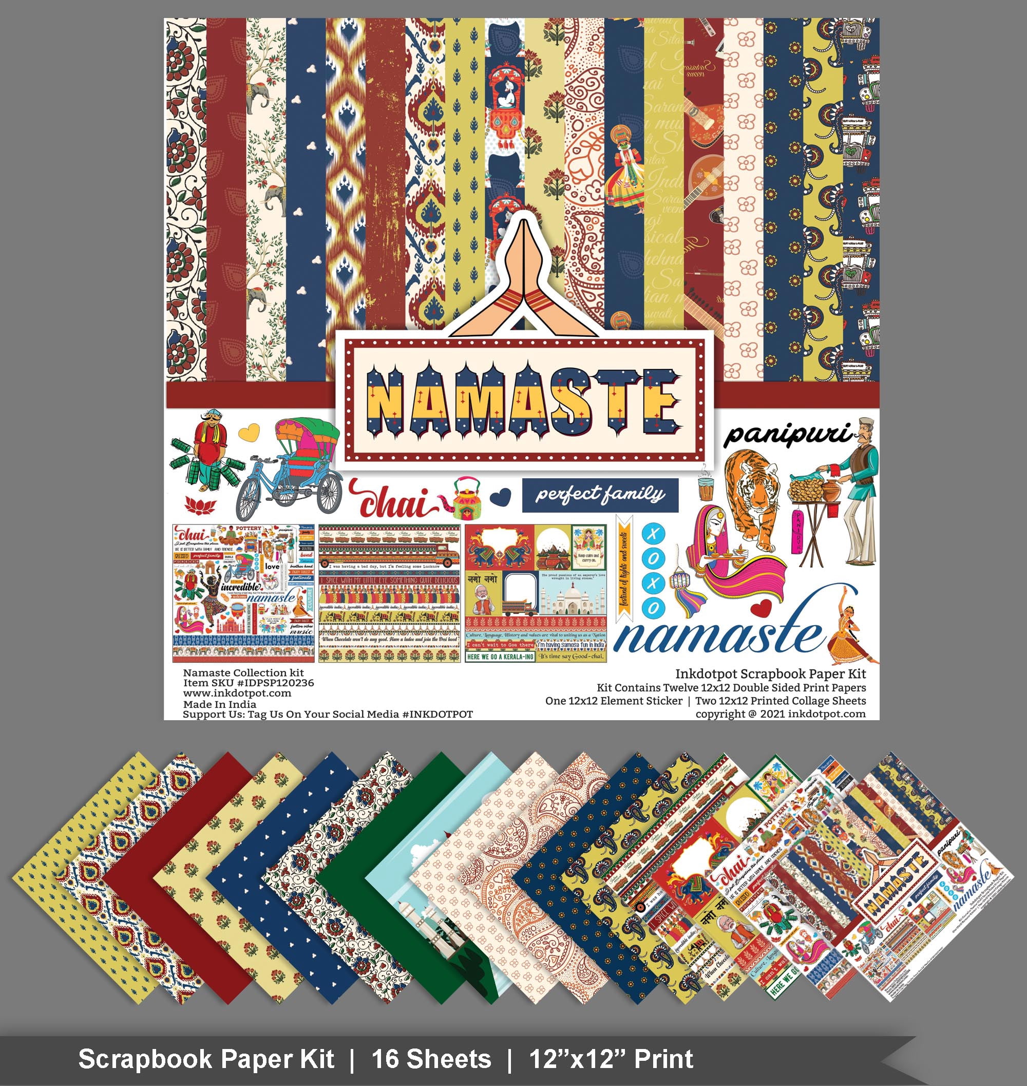 Inkdotpot Indian Asian Theme Collection Double,Sided Scrapbook Paper Kit Cardstock 12"x12" Card Making Paper Pack Of With Sticker Sheet - 16 Pages - Multicolor