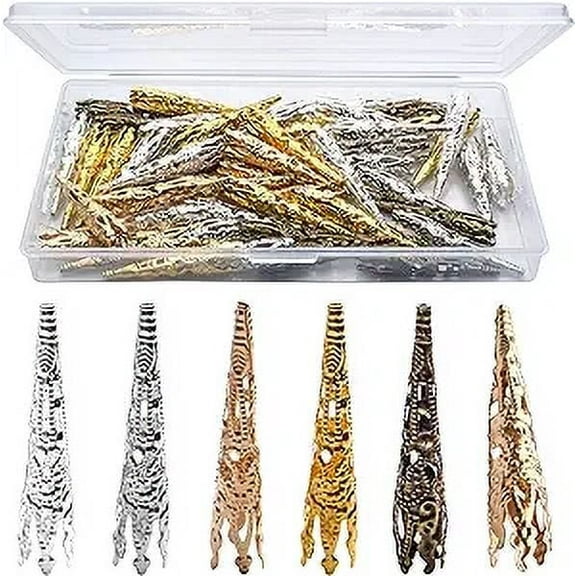 Bead Caps Findings, 50pcs Filigree Flower Bead Caps Assorted Colors Cone Caps Metal Spacer Beads End Caps for Bracelet Necklace Jewelry Making, 41x8mm