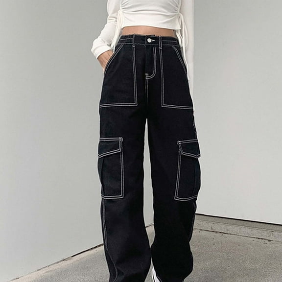 JNGSA Pull On Pants for Women,Women's High Waist Cargo Jean Flap Pocket Wide Leg Denim Pants Casual Pants Baggy Stretchy Streetwear Versatile Workwear Pants Black