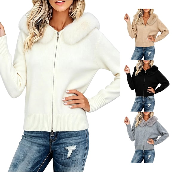 Unir Womens Sweaters, Zip Front Knit Cardigan Sweater, Furry Faux Fur Collar Long Sleeve Jacket, Fall Sweaters For Women S‑M