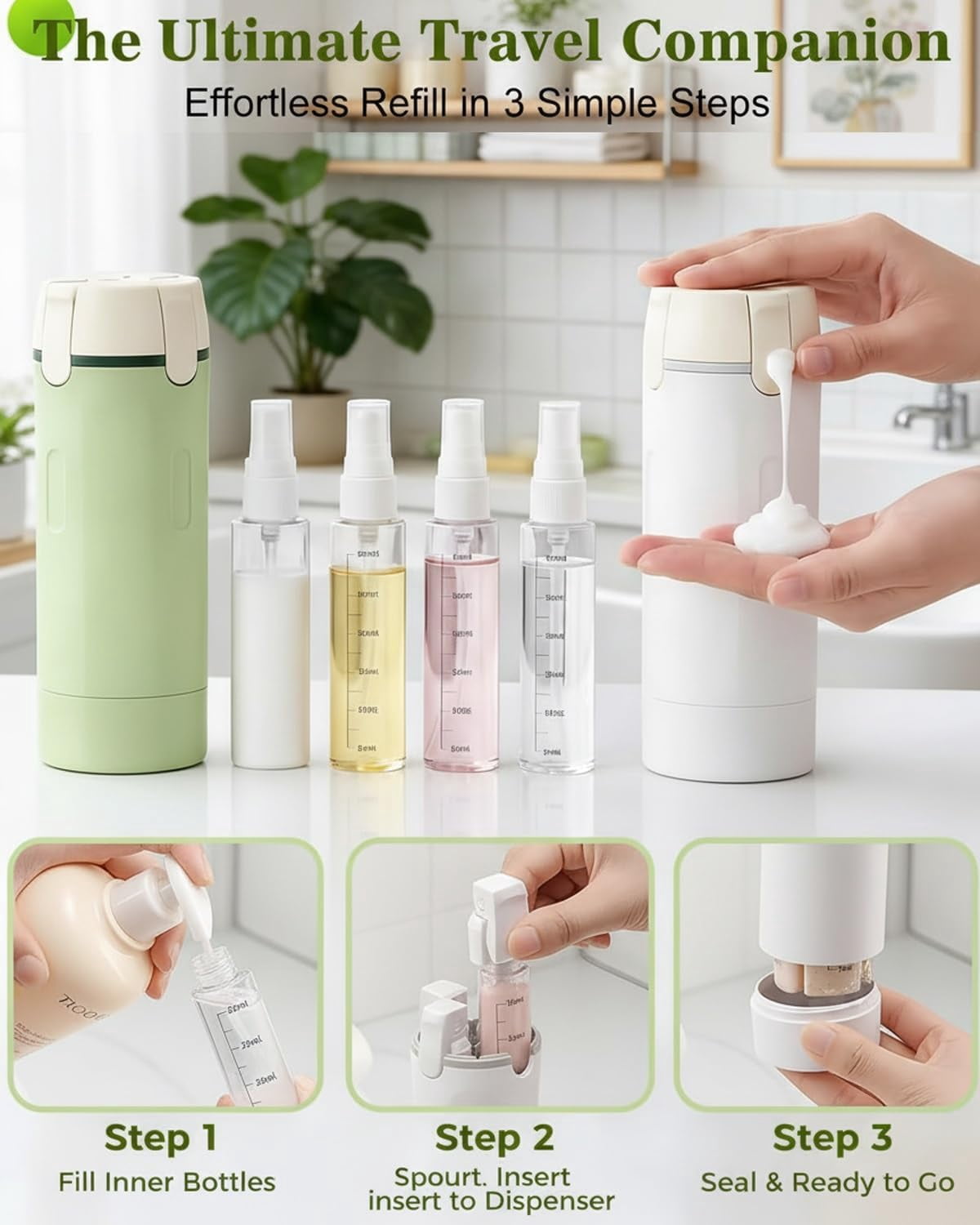 4 in 1 Travel Dispenser Bottle 4 Pack 30ml Air Conditioner Portable Refillable Travel Size Containers Dispensing Bottles for Shampoo Conditioner Lotion Luggage Organizer Travels Essentials(Green)