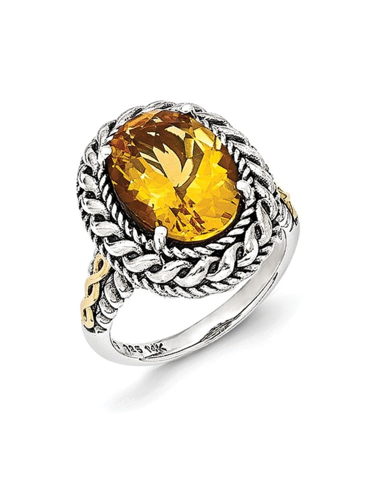 14K Gold and 925 Sterling Silver with Antiqued Citrine Ring Size-6 by