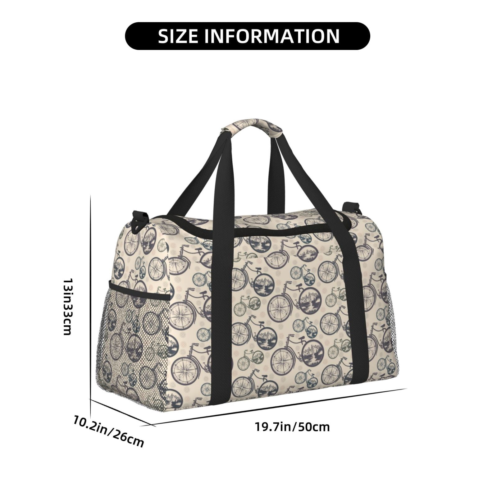 Picia Compass And Mountains In Bicycle Wheels Print Travel Duffle Bag,Weekender Bags for Women with Shoe Compartment, Gym Duffel Bag with Wet Pocket, Hospital Bags for Labor and Delivery