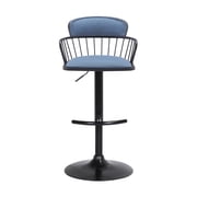 Nash Adjustable Black Wood Bar Stool in Blue Fabric with Black Metal