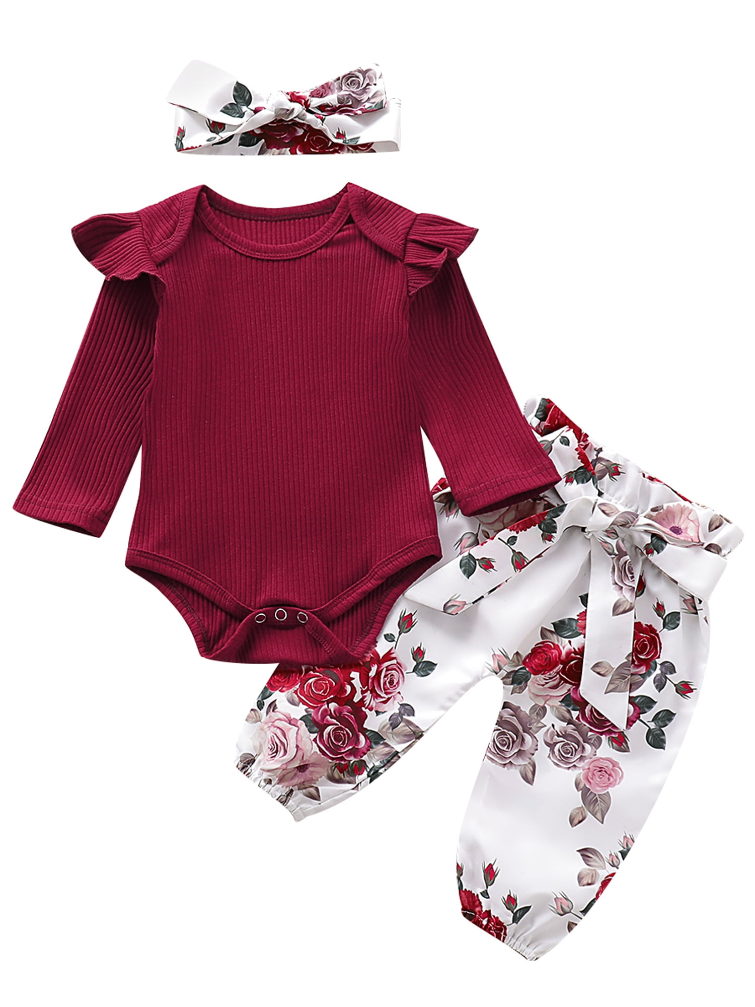 Infant Baby Girls Romper Tops Jumpsuit Floral Pants Headband Clothes Outfits Set 