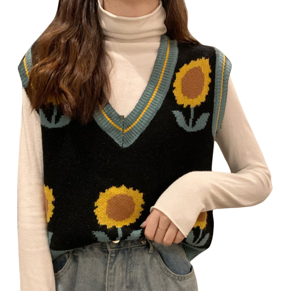 Women's Spring And Autumn Fashion Sunflower Print Thick Knit Sleeveless Sweater  Vest