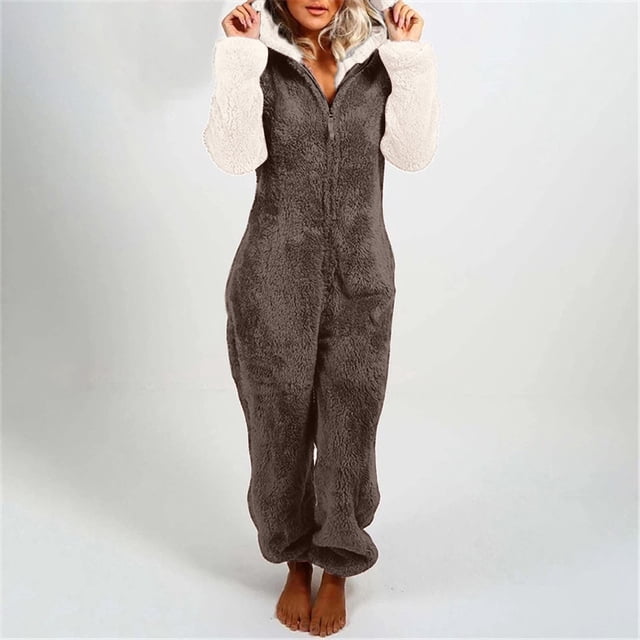 Combinaison à Capuche pour Femmes à Manches Longues, Pyjama Décontracté d'Hiver Chaud, Combinaison de Nuit, Grande Taille, Barboteuse pour Femmes Rondes en Liquidation