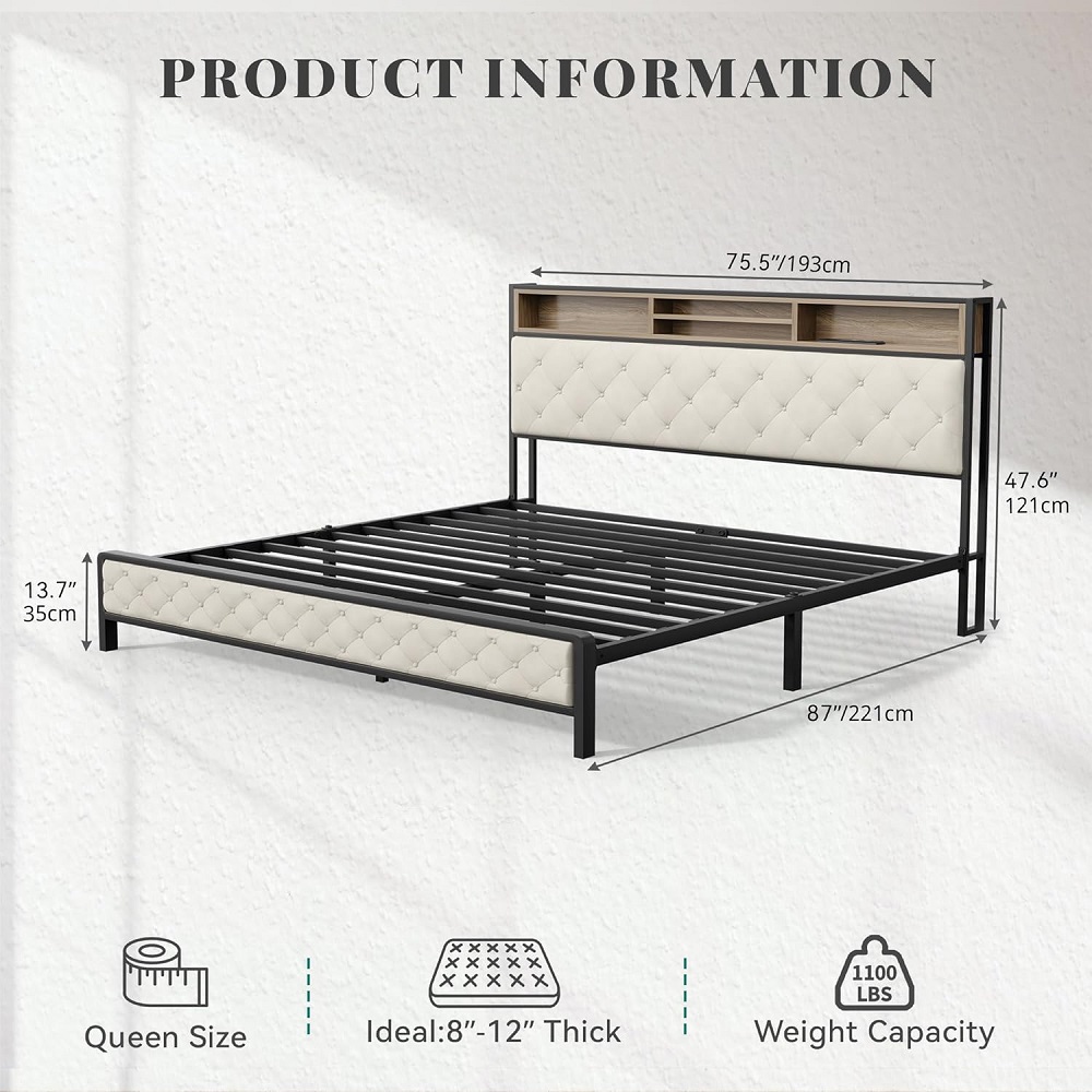 YDSM King Size Bed Frame, Platform Bed Frame with Charging Station, Upholstered Storage Headboard & Footboard Metal Slats Supports Mattress Foundation