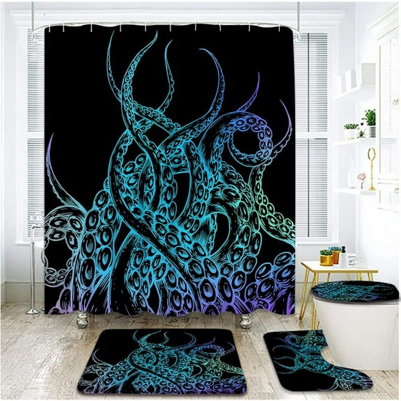 4 Piece Colorful Octopus Tentacles Shower Curtain Sets with Rugs, Toilet Lid Cover ,Vintage Blue Purple Nautical Ocean Animal Kraken Underwater Life Creatures Bathroom Shower Curtain with 12 Hooks