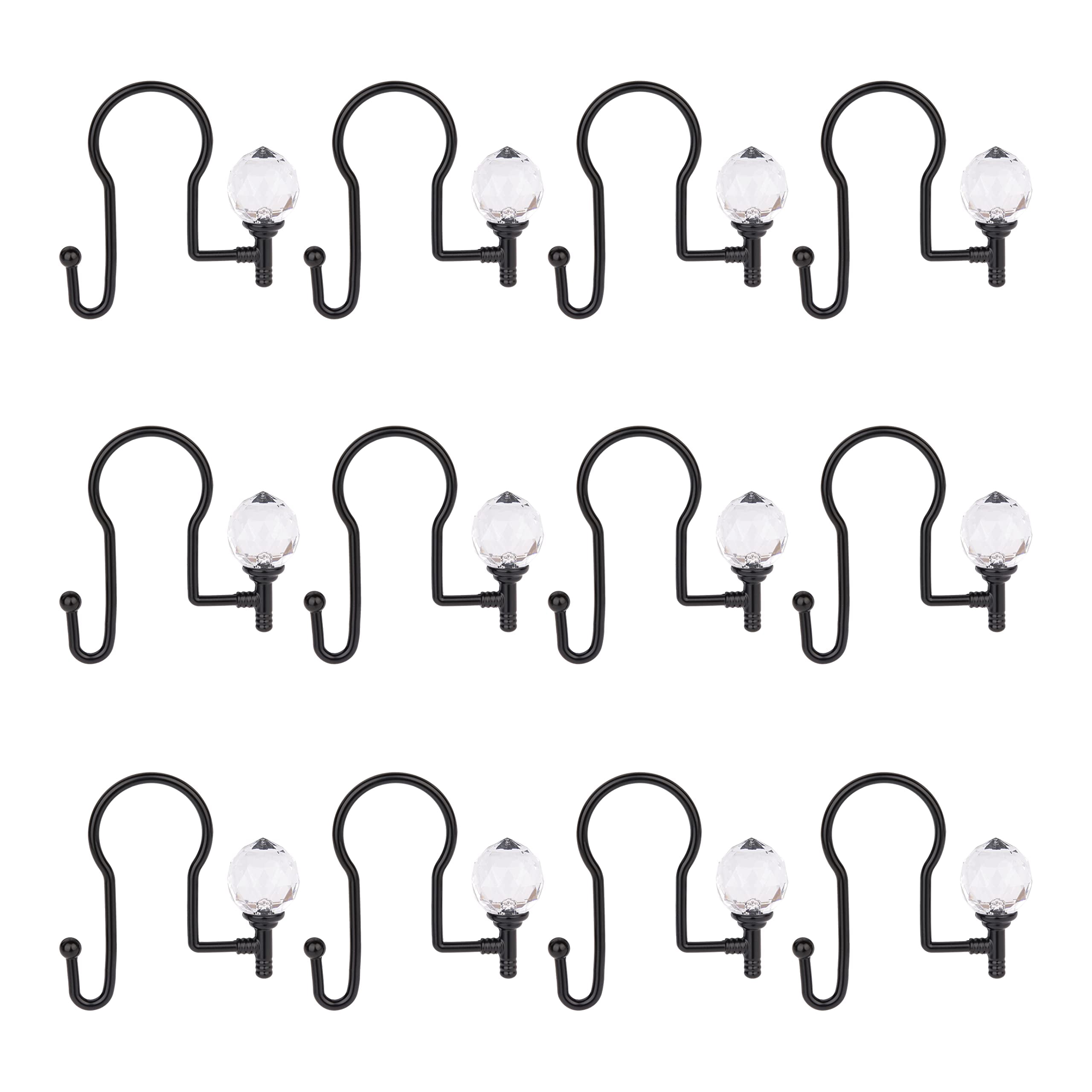 Utopia Alley  Rustproof Zinc Double Shower Curtain Hooks for Bathroom, Crystal Design, Set of 12 Black
