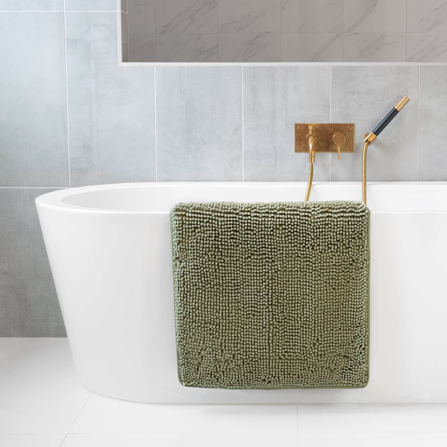Bathroom Rugs, Extra-Thick Memory Foam Bath Mat, Ultra-Soft Chenille Microfiber, Highly Absorbent, Machine Washable, Shaggy Bath Mats for Bathroom, Non-Slip (21"x32") Sage Green