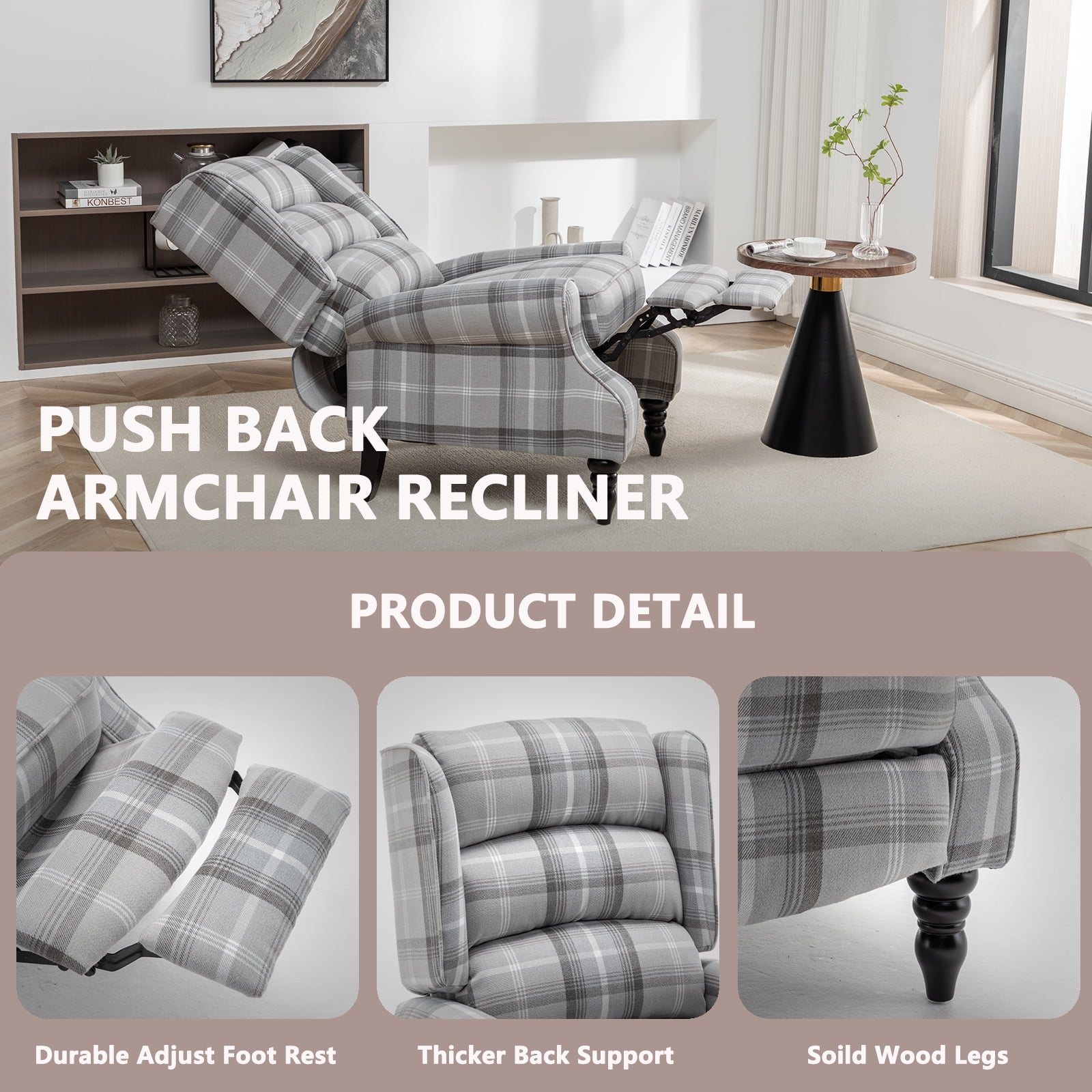 Upholstered Wingback Recliner Chair, Plaid Recliner Chair Armchair Adjustable Footrest Push Back Reclining Sofa, Mid Century Modern Lounge Armchair for Living Room, Bedroom, Reading -- Blue