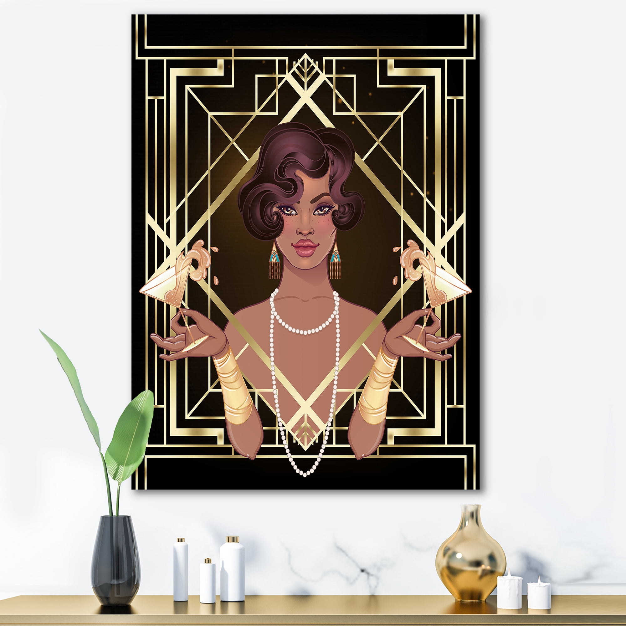 Designart ' Retro Girl In Golden Art Deco Geometrics I ' Modern Canvas Wall Art Print