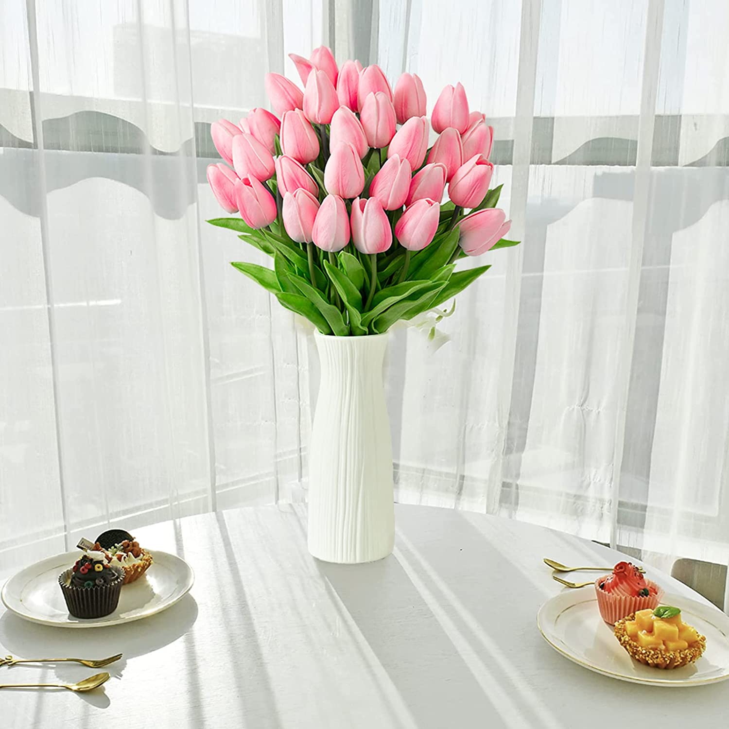 30Pcs Artificial Tulip Flowers Faux Tulip Stems PU Real Touch Tulips 13.7" for Spring Easter Vase Wedding Bouquets Floral Arrangements Wreath Table Centerpiece Indoor Outdoor Decoration (Pink)