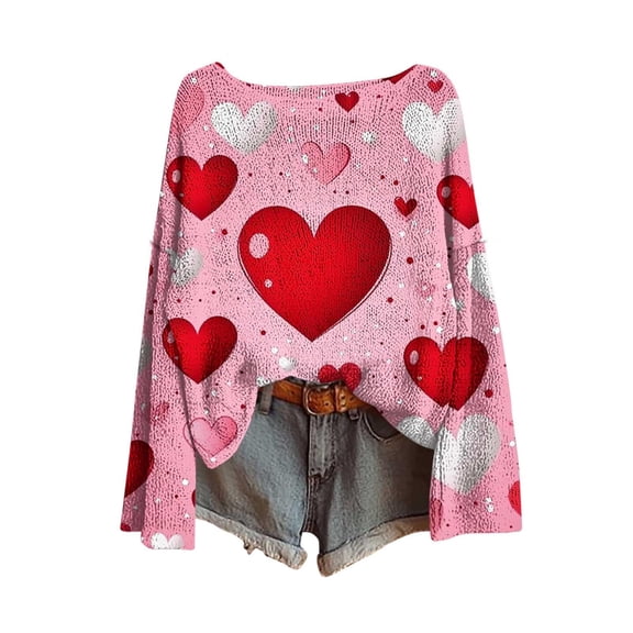Sweater for Women Valentine's Day Hear Print Knitted Long Sleeve Crew Neck Jumper Top Pink