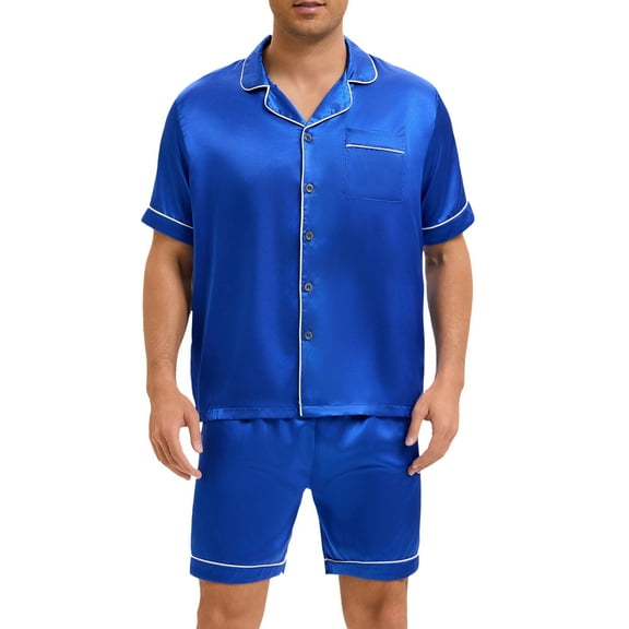 INSPIRE CHIC Men's Satin Sleepwear Short Sleeve Nightwear Shorts Summer Pajamas Set 2 Pieces M Blue