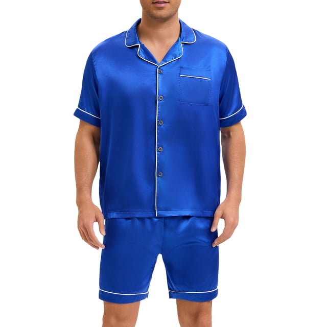 INSPIRAR CHIC Pijama de Satén para Hombre, Conjunto de Pijamas de Verano de 2 Piezas, Camiseta de Manga Corta y Pantalones Cortos, Azul