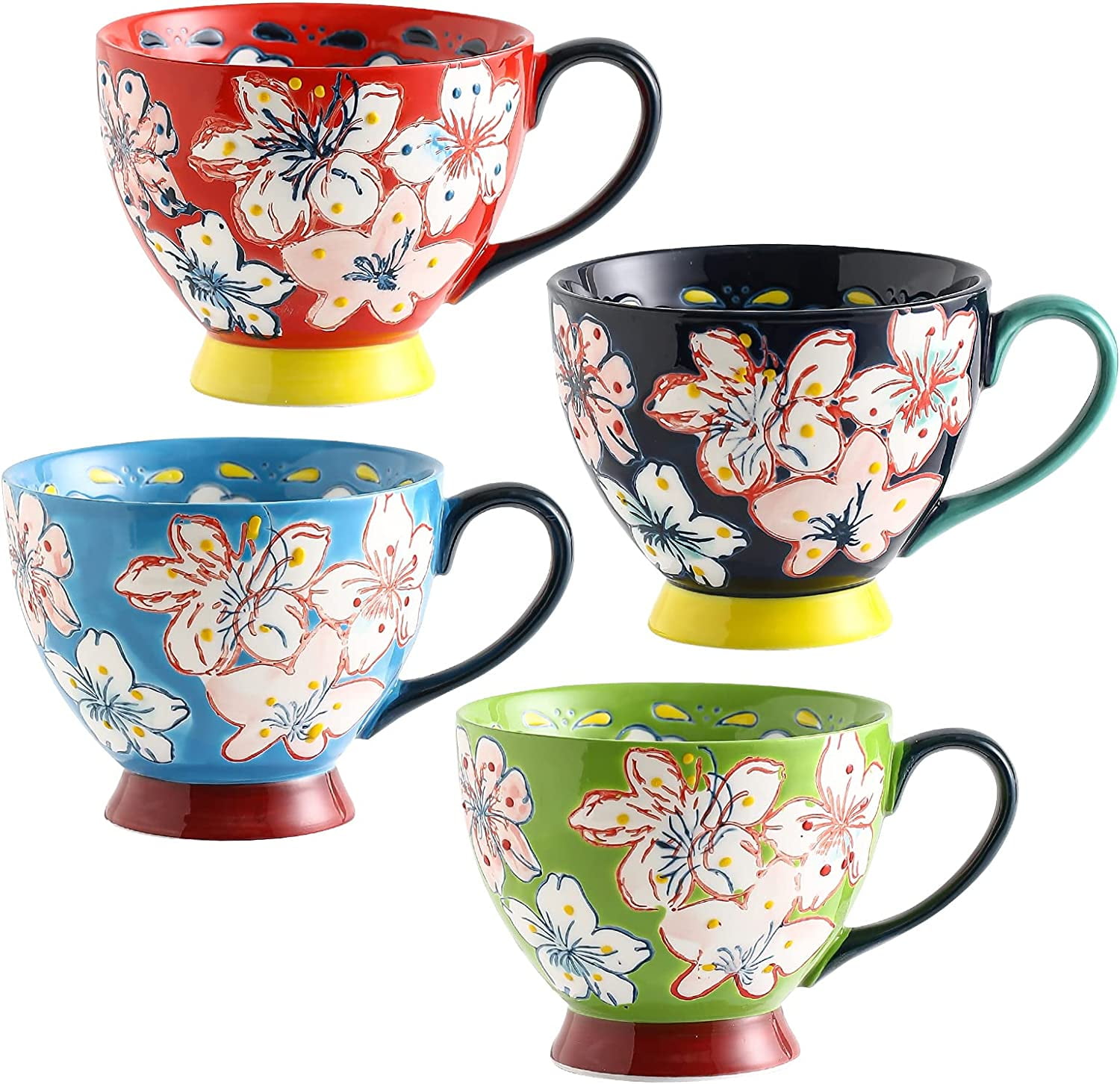 Large CoffeeMugsSet of 4,Handmade FloralCeramicMugs,15 OZ Cup for