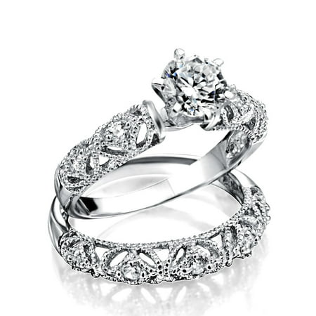 Vintage Style 1CT Round Solitaire Milgrain AAA CZ Engagement Wedding Band Ring Set For Women 925 Sterling Silver