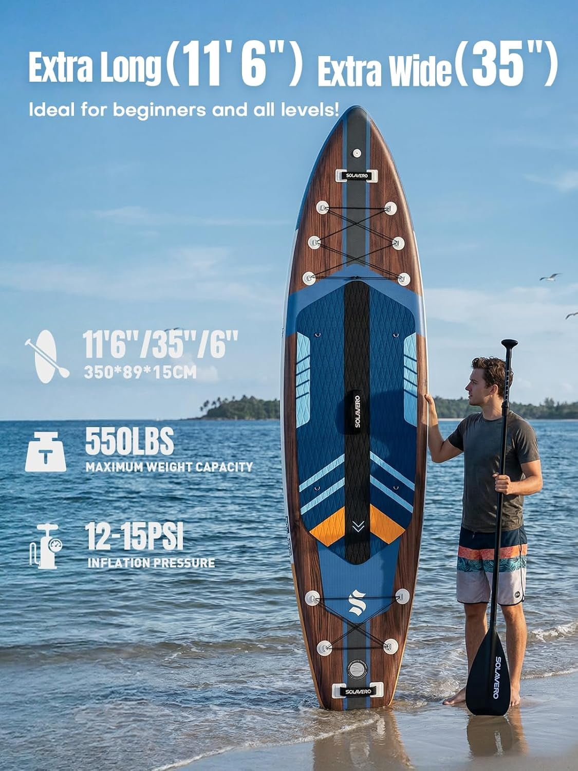 SOLAVERO 11'6" x 35" Inflatable Stand Up Paddle Board with Seat, Extra Long & Wide SUP Board, Non-Slip Stable Deck for Adults & Youth