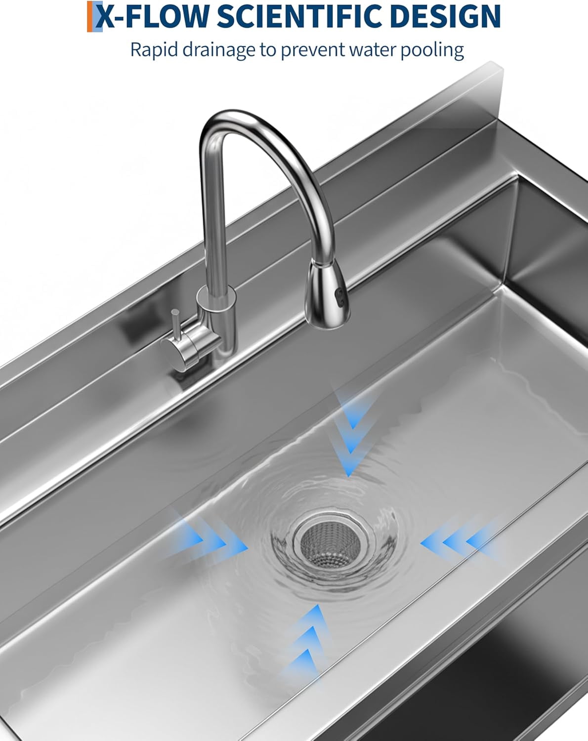 QinaQin Stainless Steel Utility Sink,Commercial Free Standing Kitchen Sink with Hot/Cold Water Pipes,Heavy-Duty Single Bowl,Stainless Steel