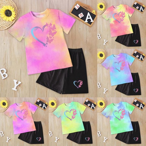 11-12 Years Teen Baby Girl Fall Winter Tie Dye Set Cap Sleeve T Shirt And Elastic Waist Shorts 2 Piece Clothing Sets Girls Green Tracksuit