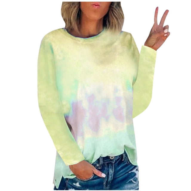 RKSTN Chandails pour Femmes Manches Longues Mode Hauts à Col Rond Imprimés Teinture sur Nœuds Décontractés Sortie Blouses Amples