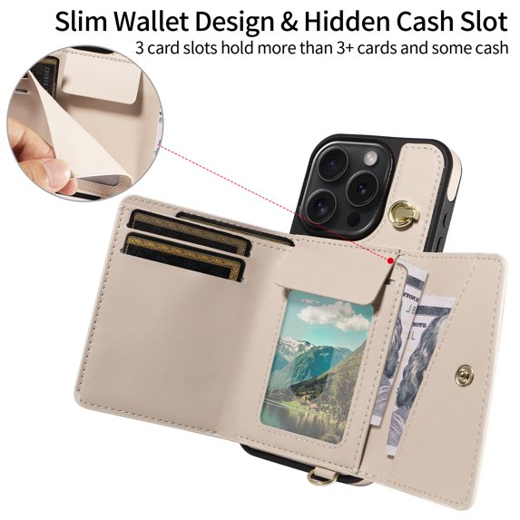 Phone Case for iPhone 16 Wallet Cover, Classic Credit Card Holder & Crossbody Strap & Hand Strap Kickstand PU Leather for iPhone 16 Protective Rugged Case Women Men, Beige