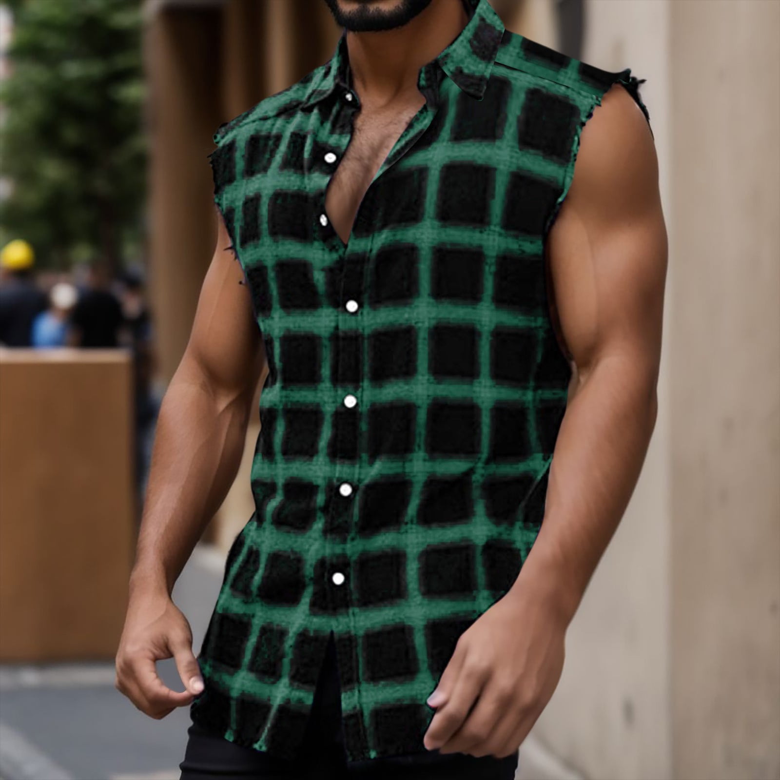 Sopiago Mens Tank Top Casual Button Up Flannel Plaid Shirt