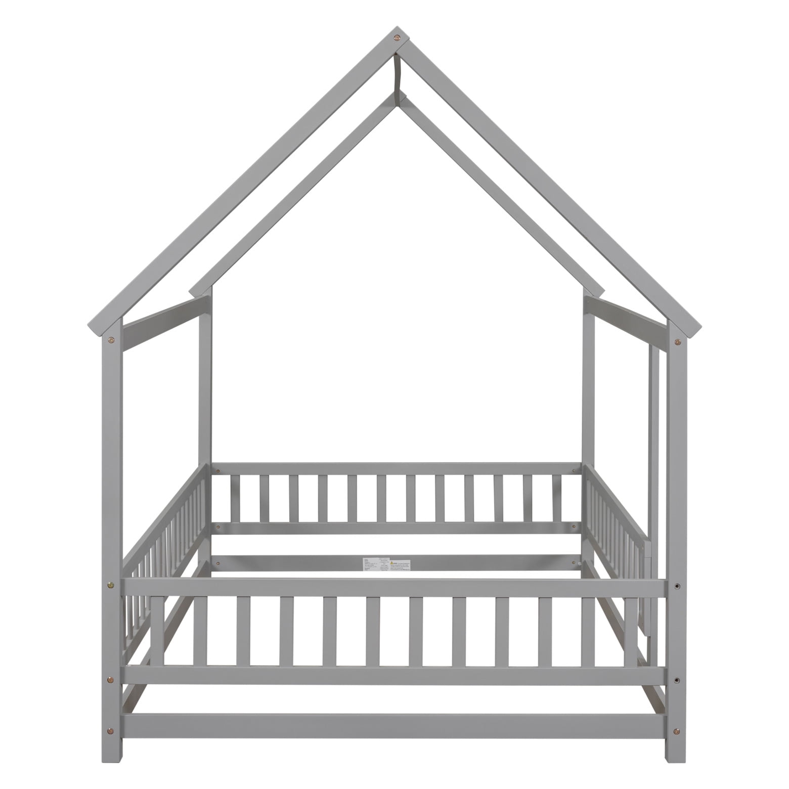 Full Size Floor Bed Frame with Roof for Kids, Wooden Montessori Bed with Fence Guardrails, Low Platform Playhouse Bed for Boys and Girls, No Slats Included, Gray