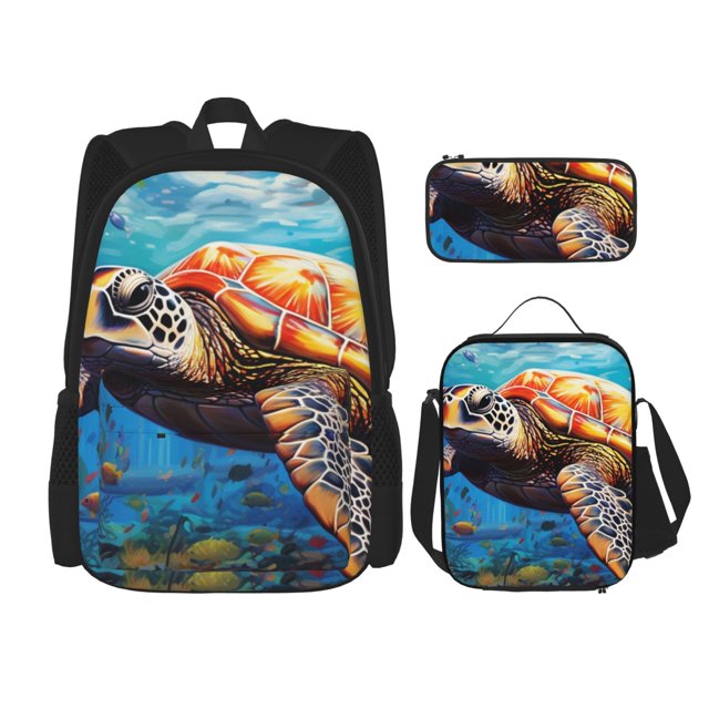 Disketp Colorful Underwater Sea Turtle Mochila Estampada de Gran Capacidad con Lonchera y Estuche, Set de 3 Piezas para Estudiantes