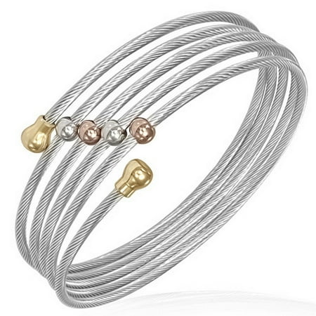 Stainless Steel Silver-Tone Spiral Multi Bangle Womens Cuff Bracelet
