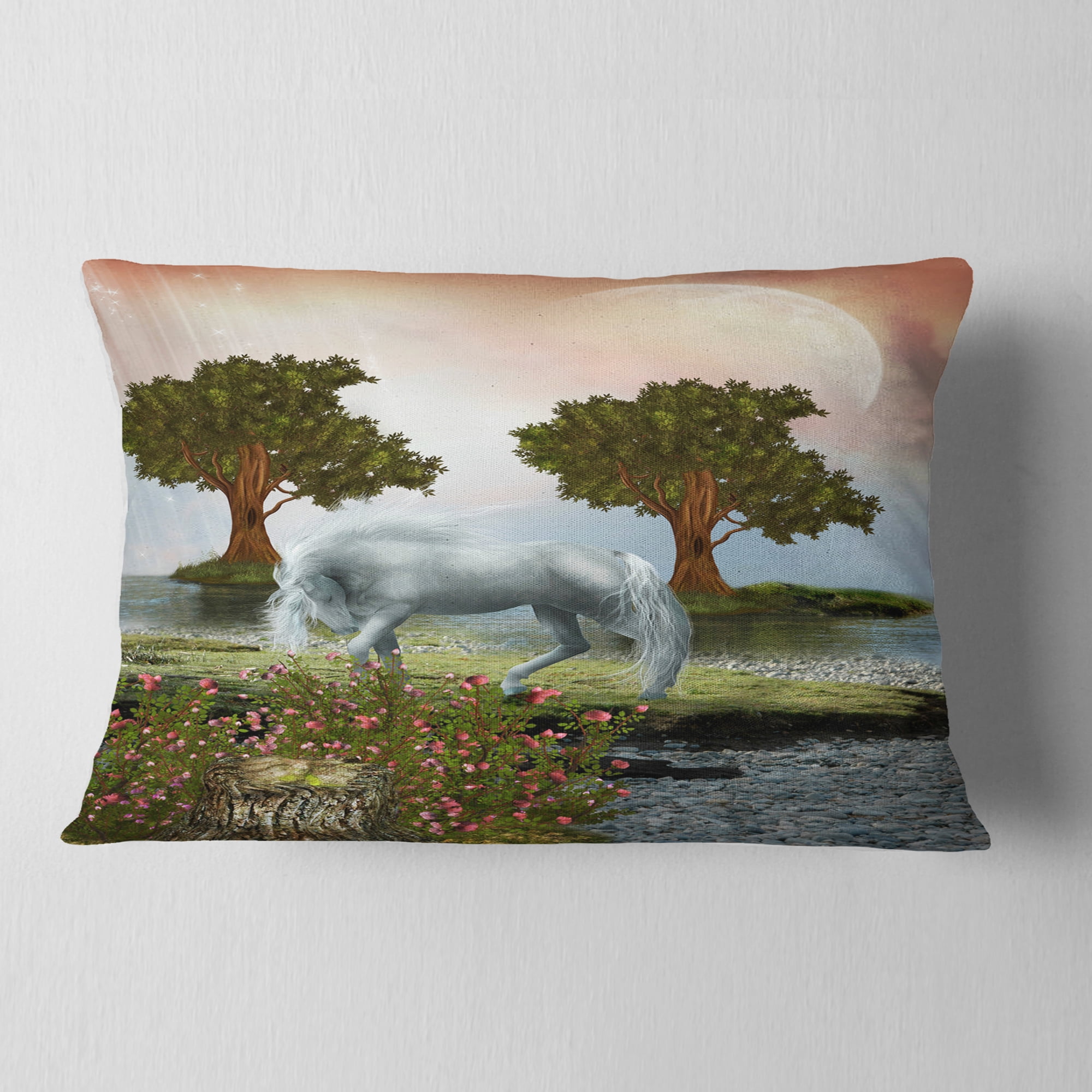 Designart White Horse and Green Trees - Landscape Printed Throw Pillow - 12x20