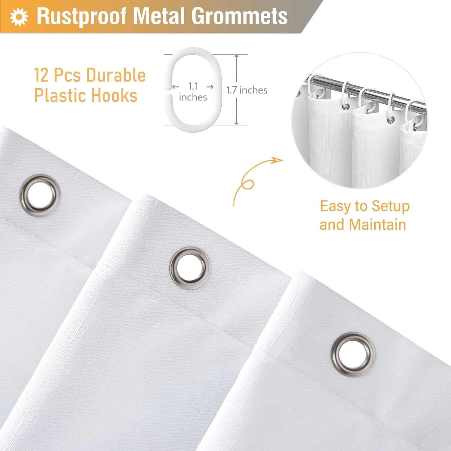 Grey/Gray Shower Curtain, Ombre Linen Textured Heavy Duty Fabric Shower Curtain Set with Plastic Hooks, Modern Hotel Chic Decorative Thick Cloth Curtain for Bathroom Showers and Bathtubs, 72 x 72