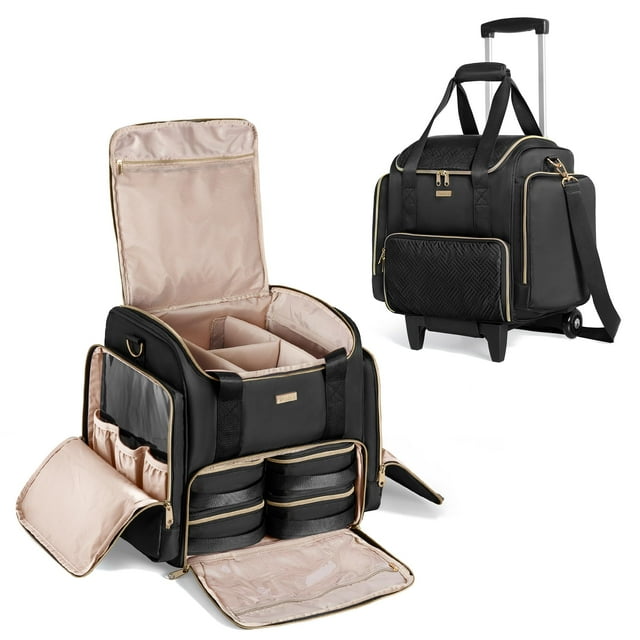 Prokva Rolling Makeup Case with 4 Removable Bags, Professional Makeup Train Case with Wheels, Makeup Artist Travel Bag with Brushes Storage Section, Black (Patent Design)