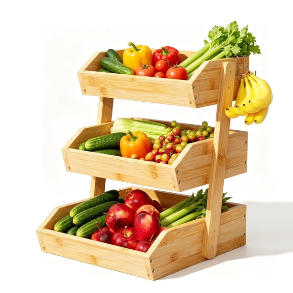 3 Tier Fruit Basket for Kitchen Counter with Banana Holder, Bamboo Stand for Snacks, Bread, Produce & Farmhouse Kitchen