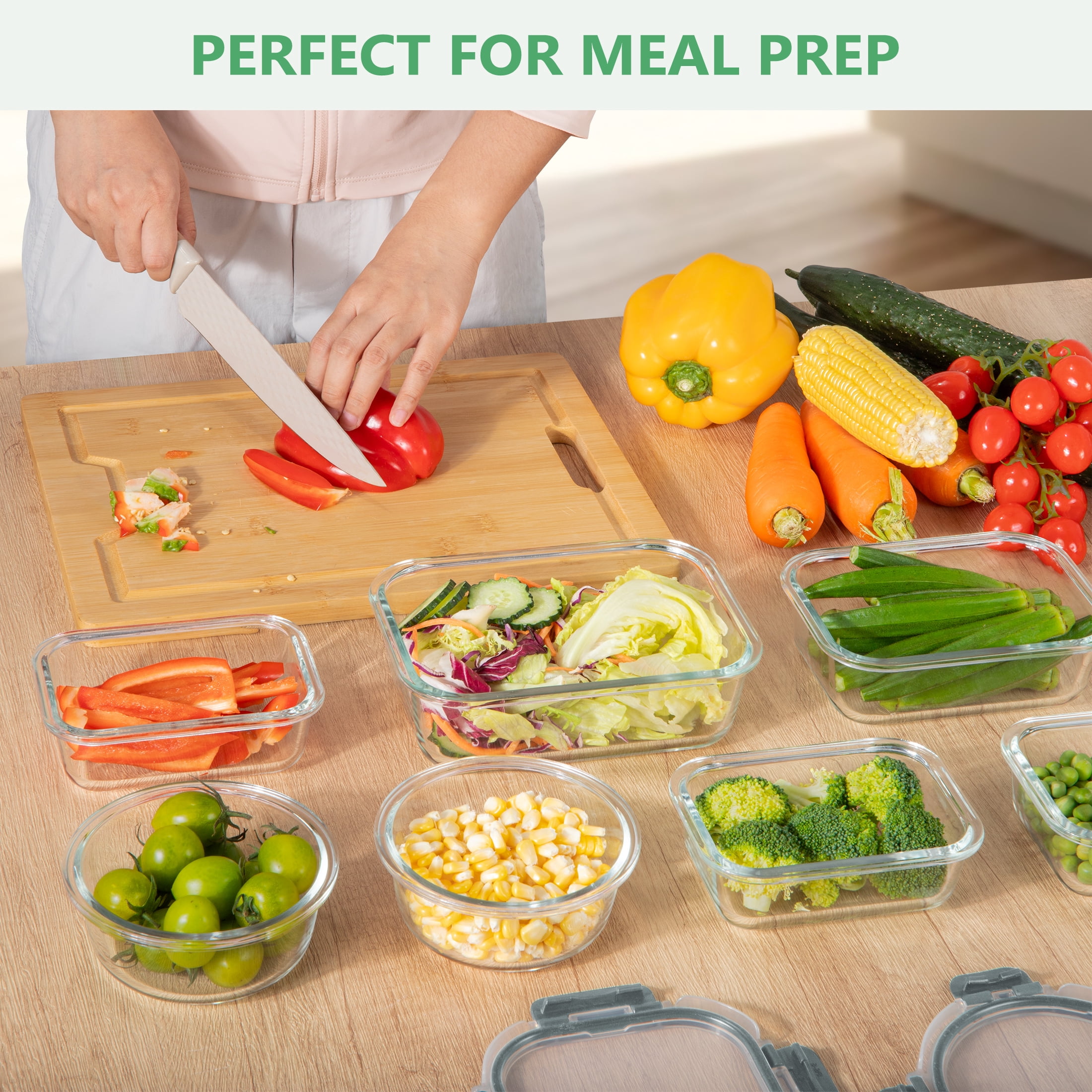 GPED 34-Piece Glass Food Storage Container Set, Glass Meal Prep Containers with Snap-Locking Lids, Glass Lunch Box, Airtight Bento Box, for Microwave, Oven, Freezer, and Dishwasher Safe, Gray
