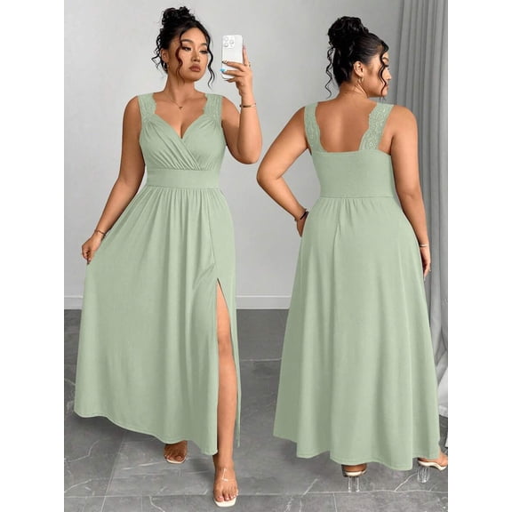 Mint Green Plus Size V-Neck Lace Spaghetti Strap Maxi Dress With Side Slit
