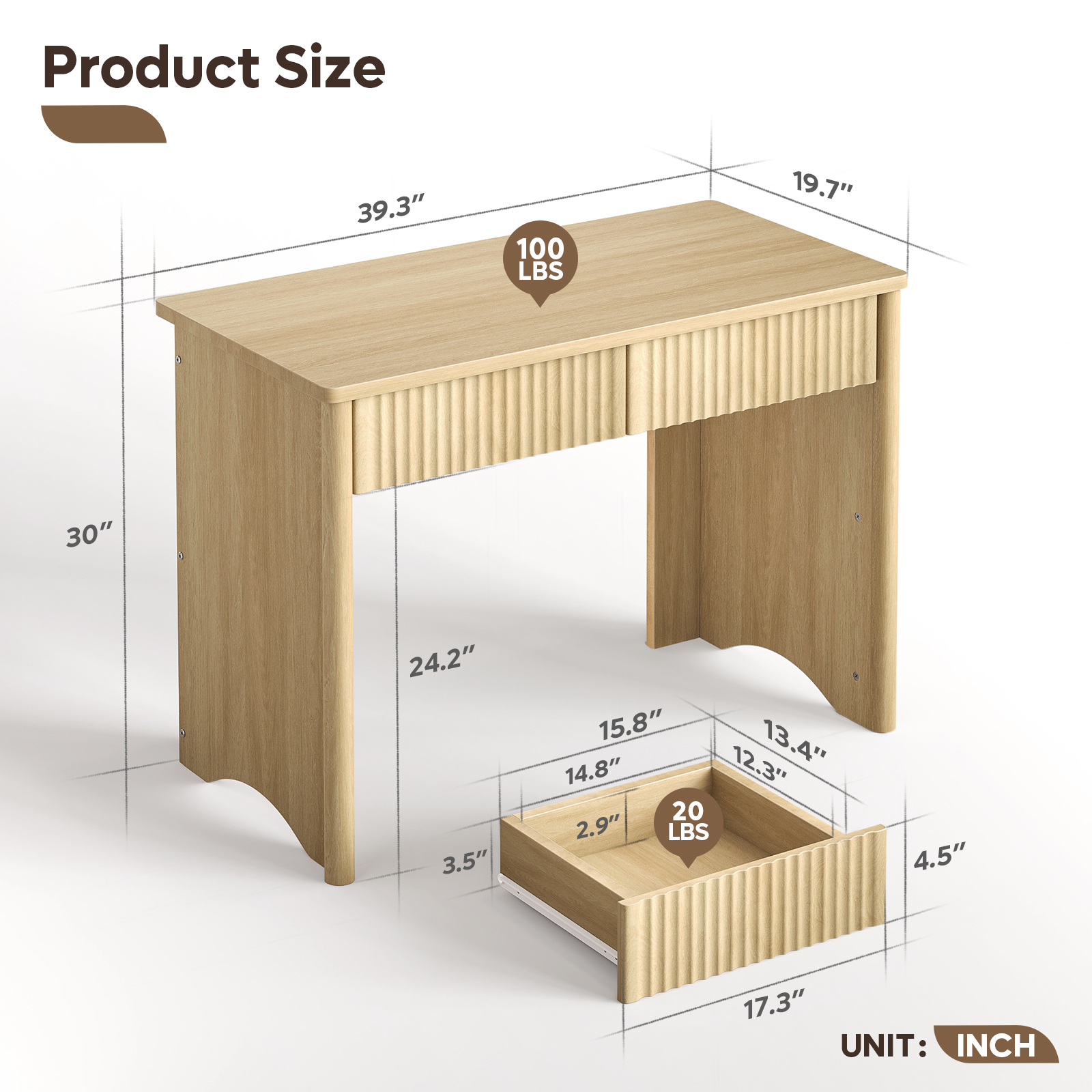 Bestier 39.3" Computer Desk with 2 Storage Drawers, Light Oak photo 7