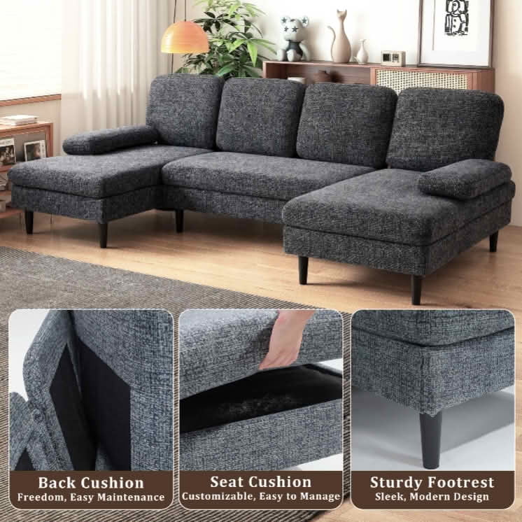 MAYEERTY U‑Shaped Double Lounge Combination Sofa, 4‑Seat Chenille Fabric Upholstered Sectional Couch for Home Living Room Furniture