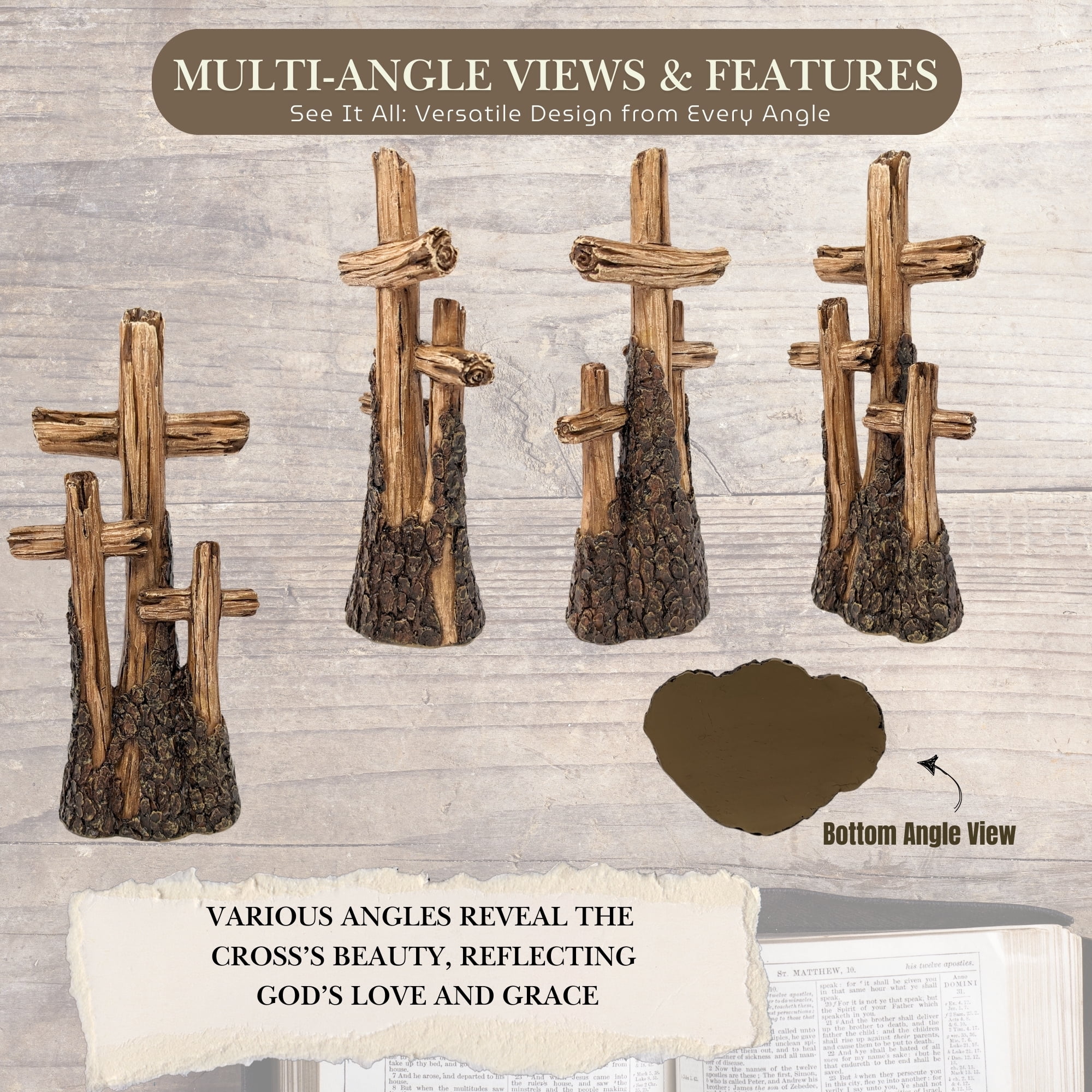 Rustic Tabletop Resin Cross - Driftwood Design with Three Crosses on a Hill - Spiritual Home Décor for Living Room, Bedroom, and Gift for Family & Friends