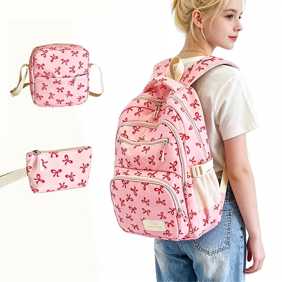 Pink Ribbon Breast Cancer Awareness Shoulder Backpack, 3-Piece Backpack Set for Women, Large Capacity Casual Travel Daypack with Pencil Case & Storage Pouch