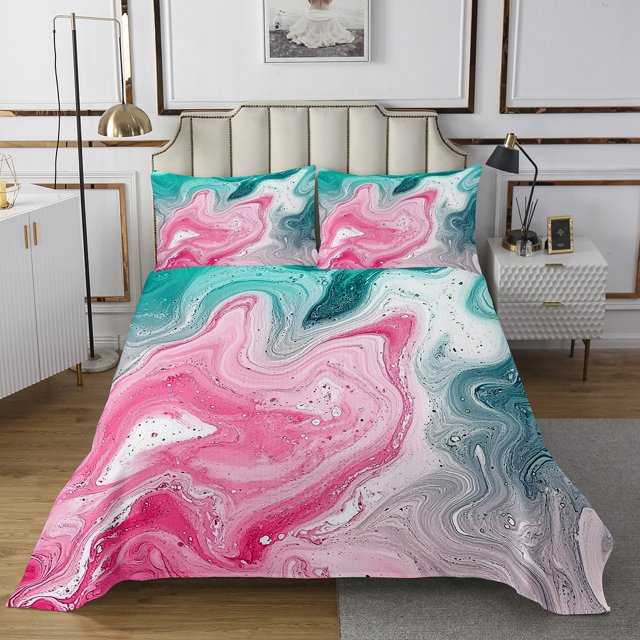 YST Marble Bedspread Set,Abstract Fluid Coverlet Set Pink Green Gradient Quilt Set For Kids Teen Adults,Marbling Bed Set Queen Size